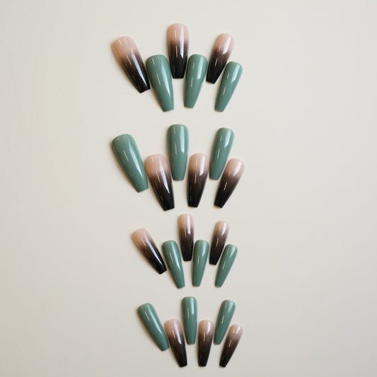 Ethereal Ombre Elegance Long Coffin Green and Beige Gradient Press-On Nail Set