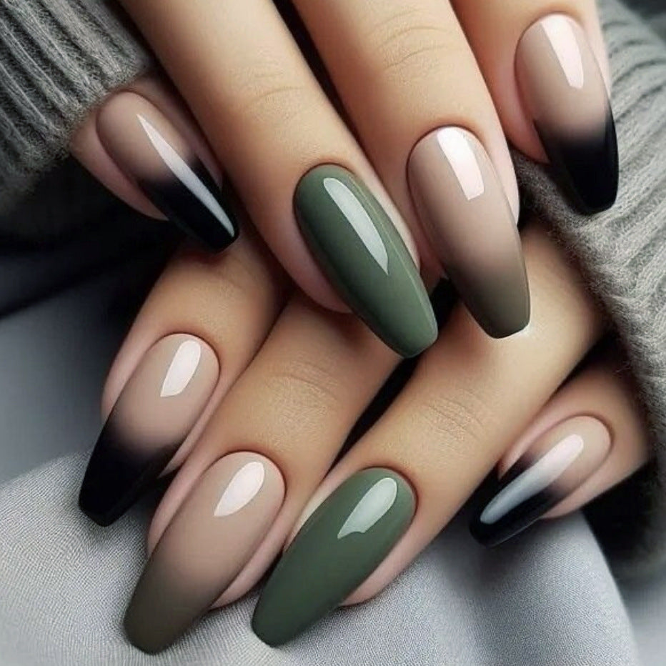 Chic Elegance Long Coffn Ombre Green and Black Press On Nail Set with High Gloss Finish