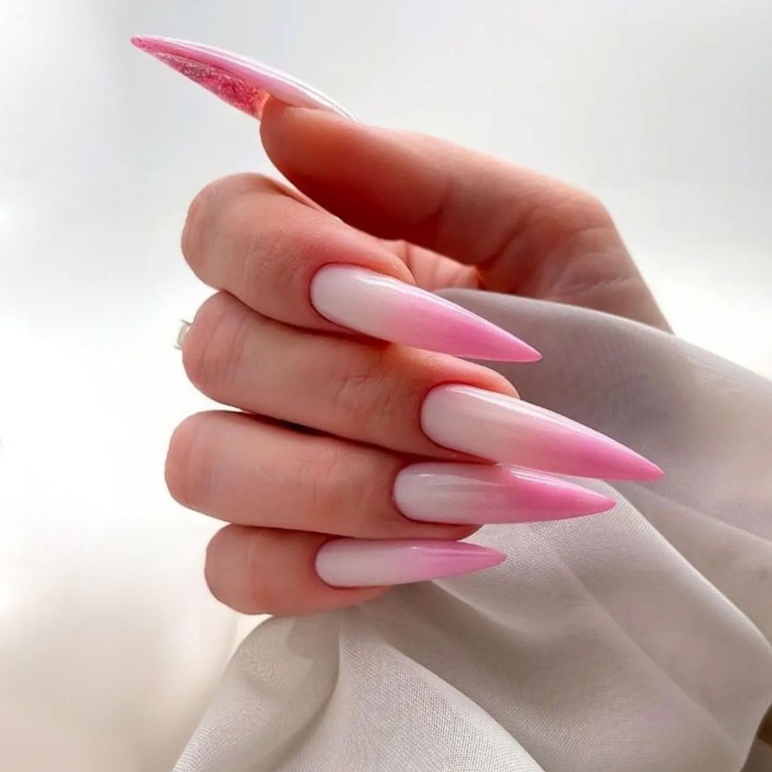 Whimsical Elegance Long Stiletto Press On Nails in Ombre Pink with Glittered Tips
