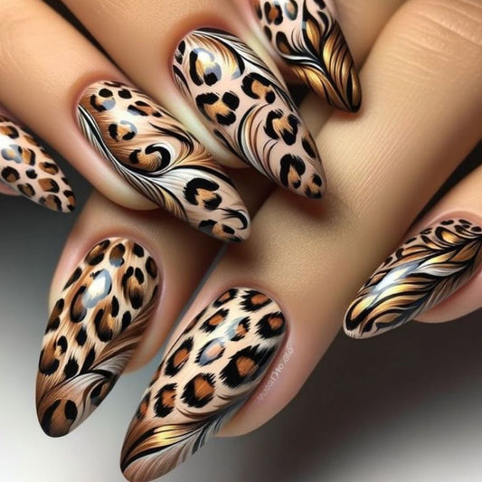 Wild Safari Lengthy Medium Almond Shaped Warm Beige Leopard Print Nail Set with Elegant Feather Accents