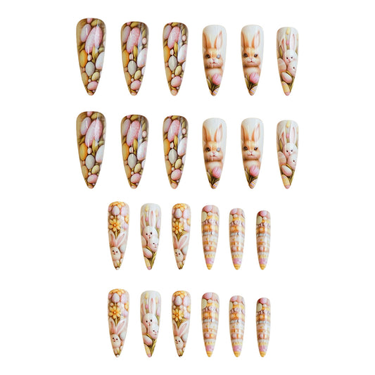 Bunny Blossom Enchantment Medium Almond Pink and Cream Nail Set with Whimsical Bunny Art