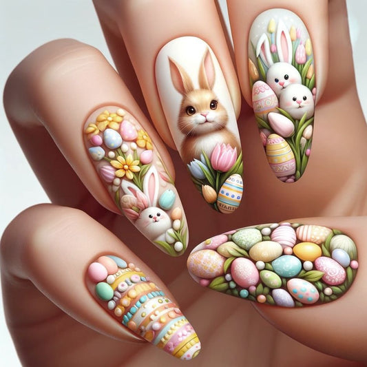 Easter Wonderland Medium Almond Pastel Colors Whimsical Bunny and Egg Design Press On Nail Set