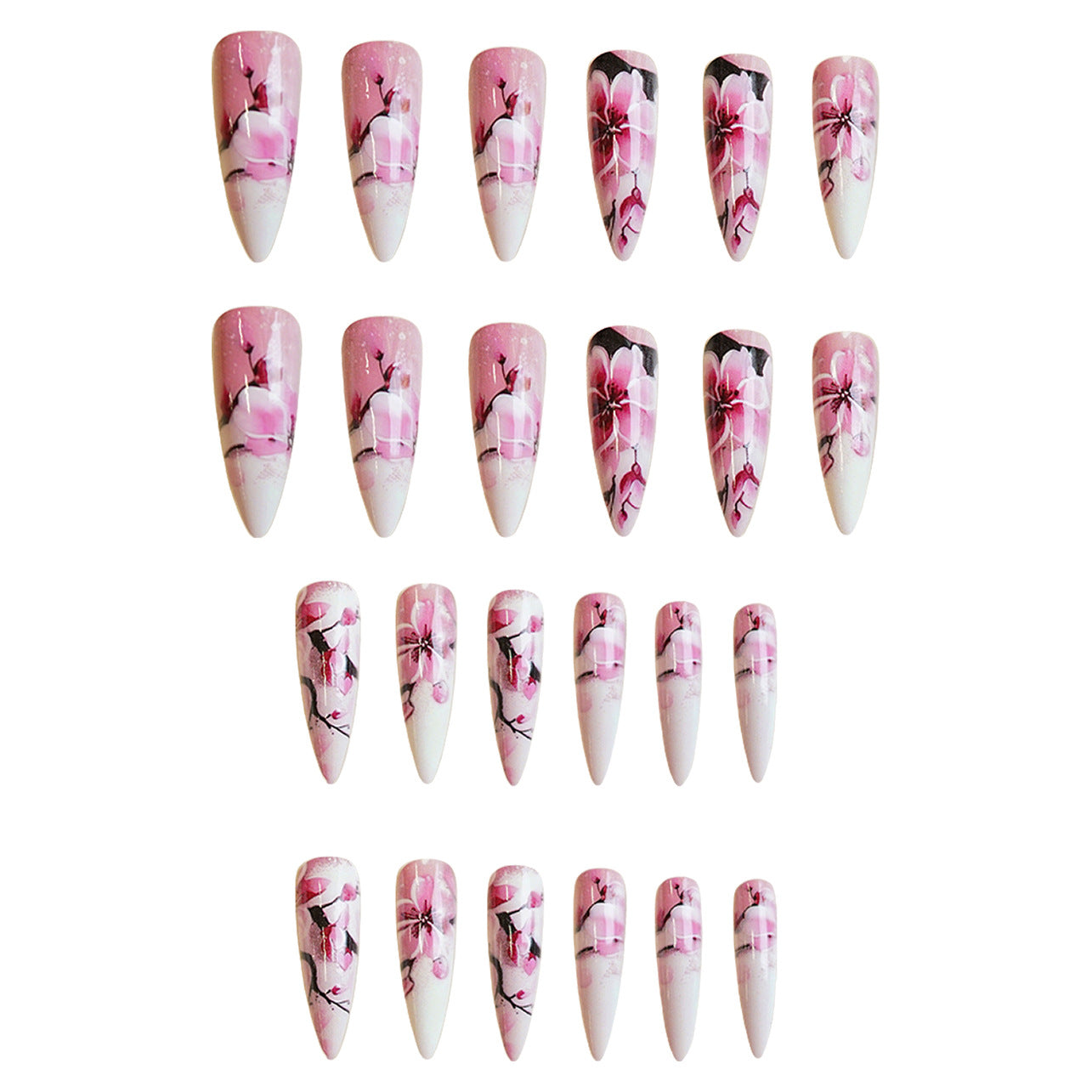 Blossom Elegance Stunning Long Almond Shaped Pink Floral Press On Nail Set Perfect for Spring Glamour