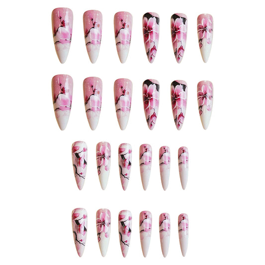 Blossom Elegance Stunning Long Almond Shaped Pink Floral Press On Nail Set Perfect for Spring Glamour