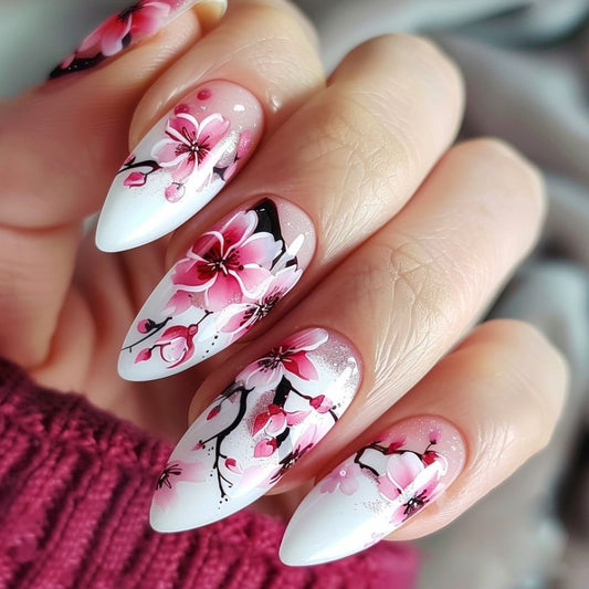 Blossom Breeze Medium Almond Pink Floral Design Press On Nail Set