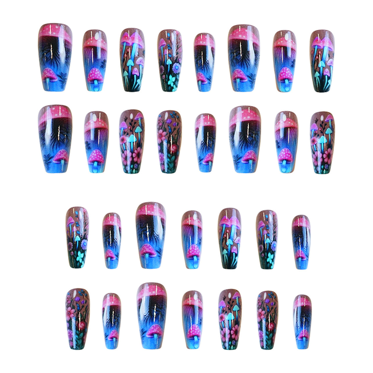 Enchanted Garden Long Coffin Ombre Blue with Vivid Floral and Mushroom Designs Press on Nail Set