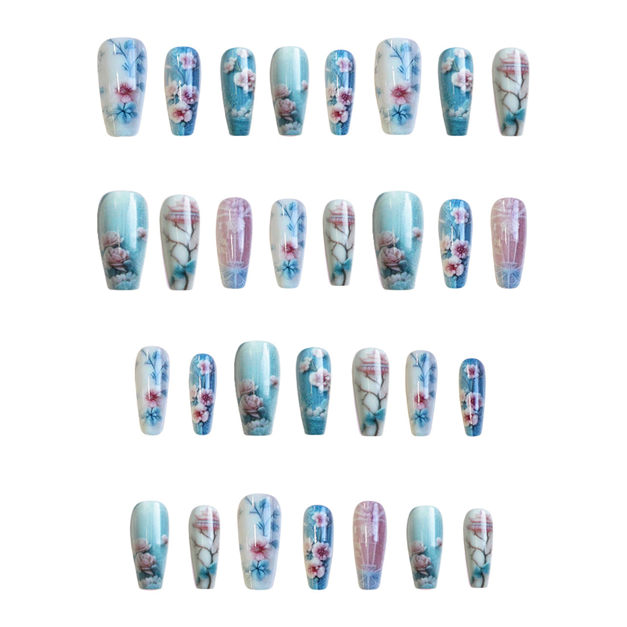 Enchanting Blossom Press On Nail Set Elegant Medium Coffin Shape Aqua Blue Floral Design with Artful Detailing