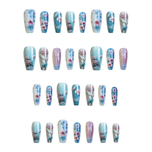 Enchanting Blossom Press On Nail Set Elegant Medium Coffin Shape Aqua Blue Floral Design with Artful Detailing