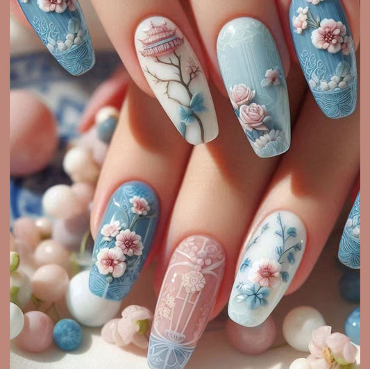 Blossoming Elegance Long Coffin Press on Nail Set in Soft Blue and Pink with Floral Artistry