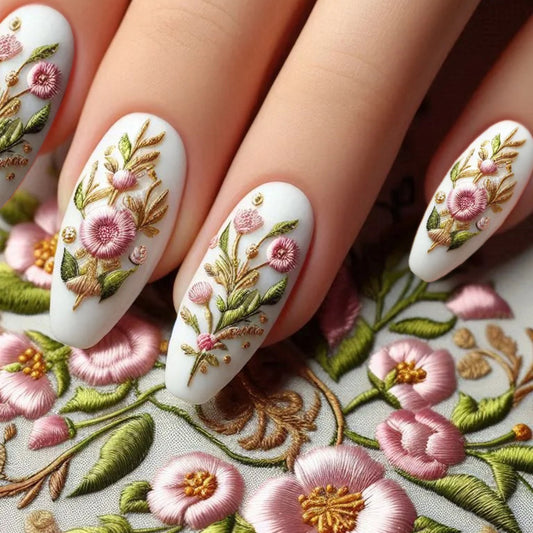 Elegant Floral Fantasy Medium Coffin White Press On Nail Set with Exquisite Embroidery Detail