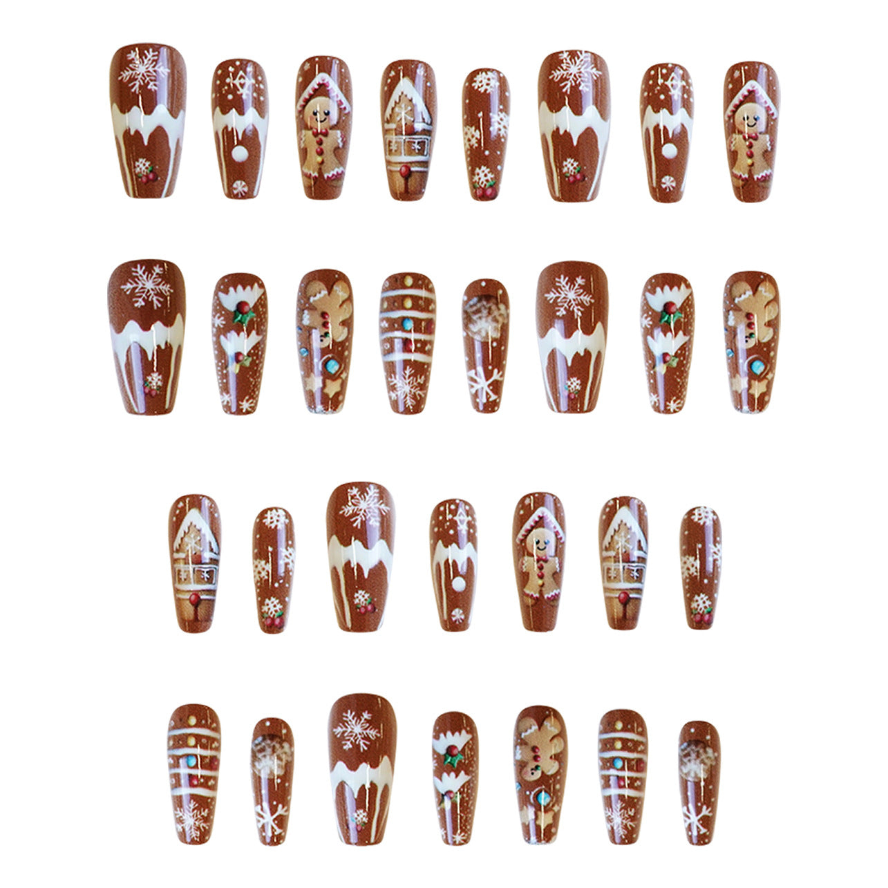 Gingerbread Wonderland Medium Coffin Brown Nail Set with Festive Winter Designs and Glitter Accents