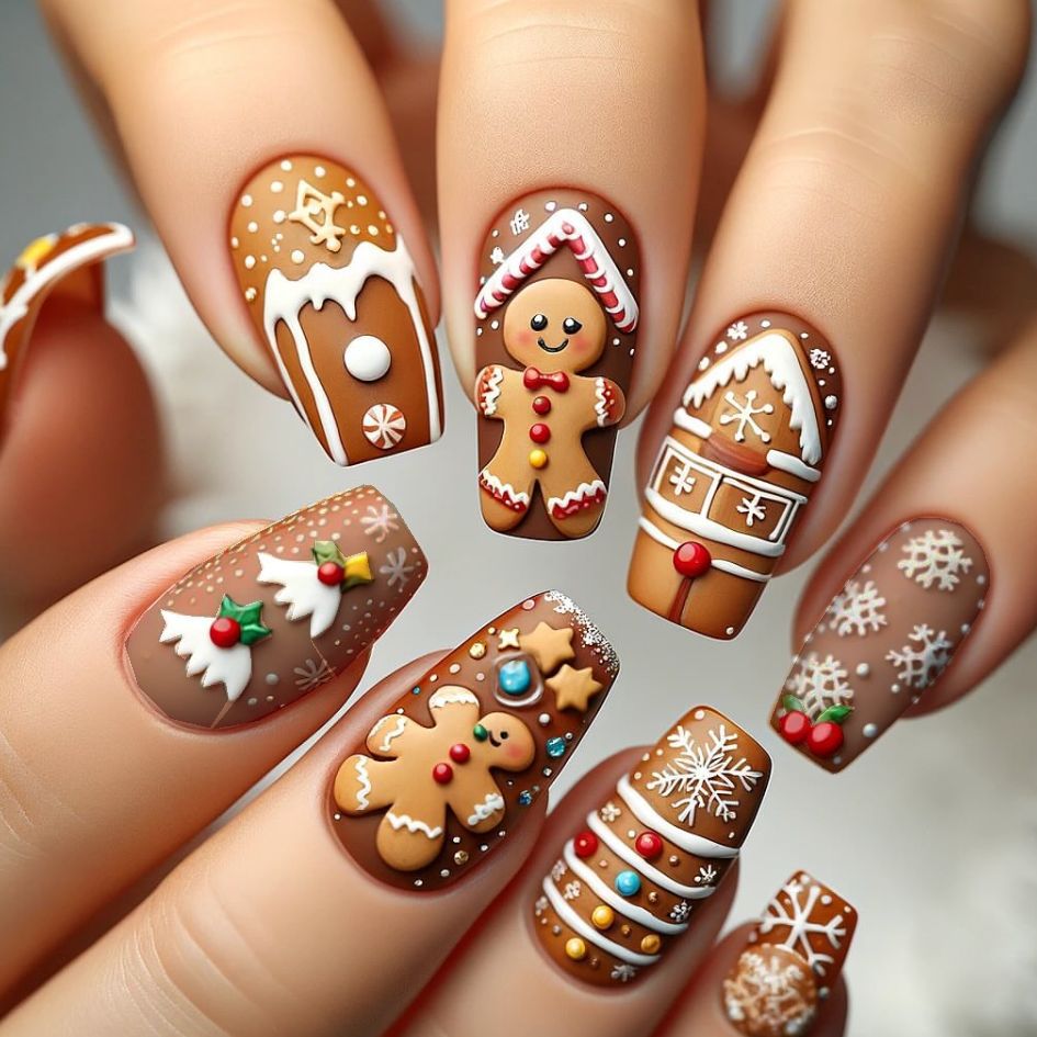 Gingerbread Wonderland Medium Square Brown Press on Nail Set with Festive Holiday Decorations