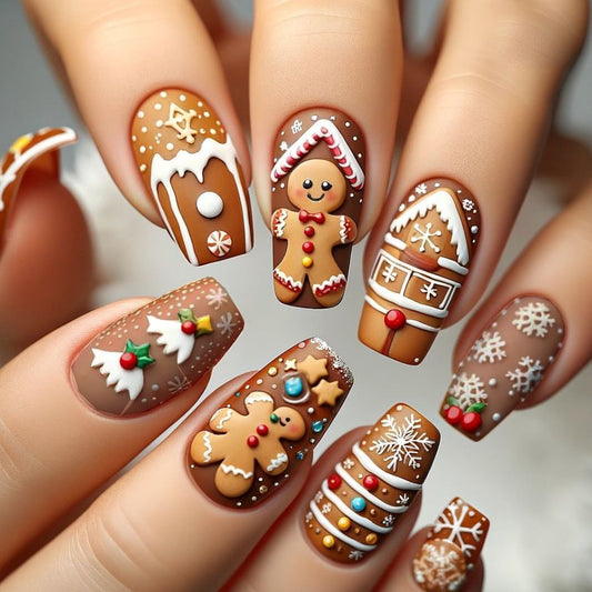Gingerbread Wonderland Medium Square Brown Press on Nail Set with Festive Holiday Decorations