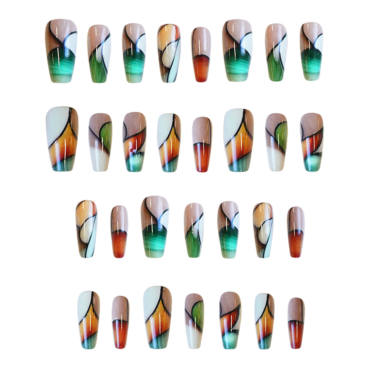 Nature's Canvas Elegant Medium Coffin Shaped Ombre Green and Amber Press-On Nail Set with Artistic Swirls