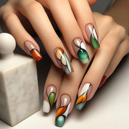 Whimsical Garden Medium Coffin Shape Multicolored with Abstract Design Press On Nail Set