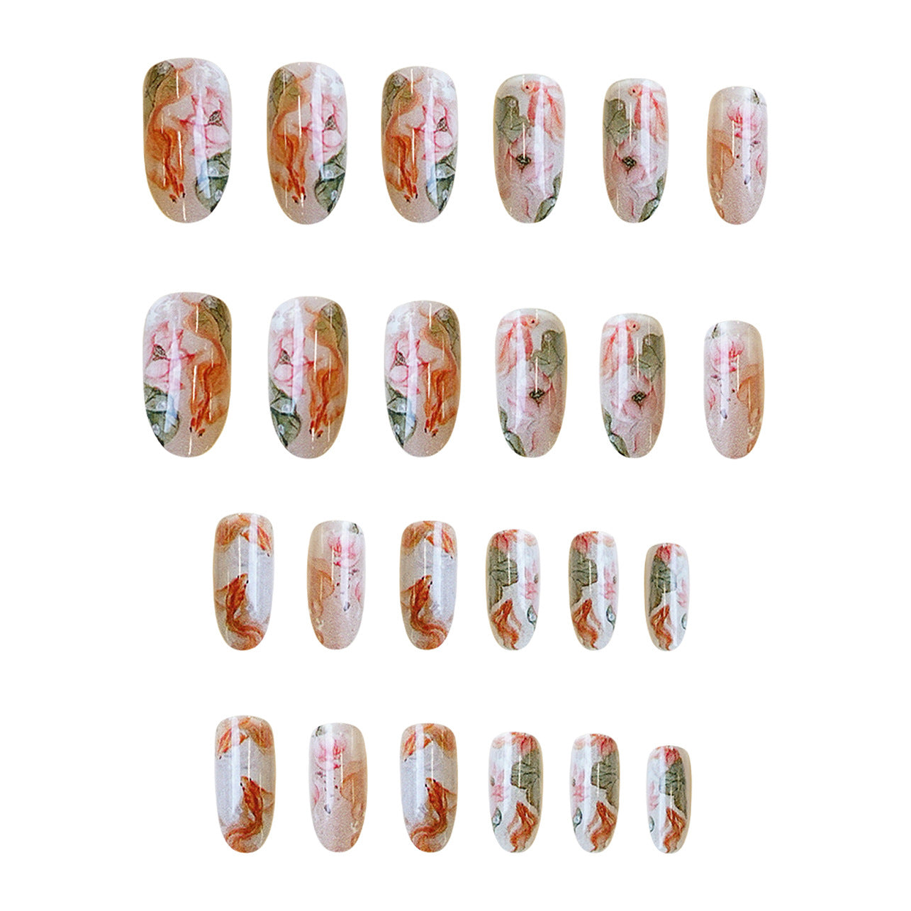 Floral Fantasy Short Oval Peach Press-On Nail Set with Delicate Botanical Design