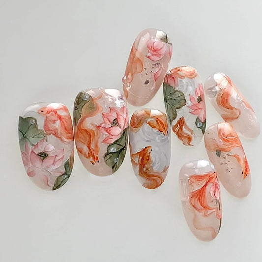 Garden Fantasy Short Oval Peachy Pink with Artistic Floral Design Press on Nail Set