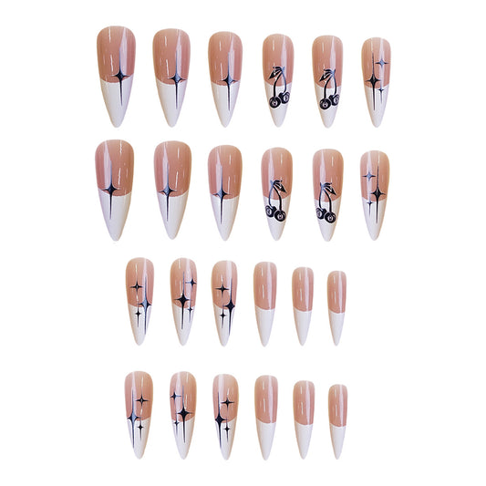 Starlit Elegance Medium Almond Shaped Beige and White Press On Nails with Unique Artistic Design