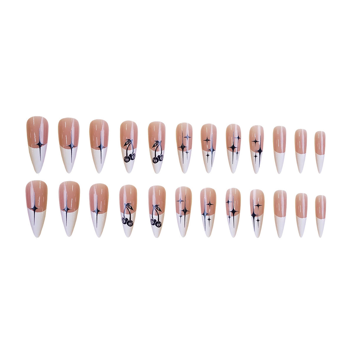 Melodic Elegance Medium Almond Shaped Beige and White Nail Set Featuring Artistic Music Notes Design