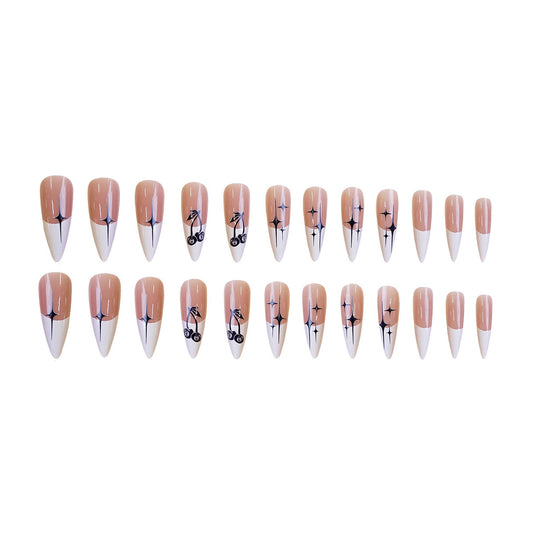 Melodic Elegance Medium Almond Shaped Beige and White Nail Set Featuring Artistic Music Notes Design
