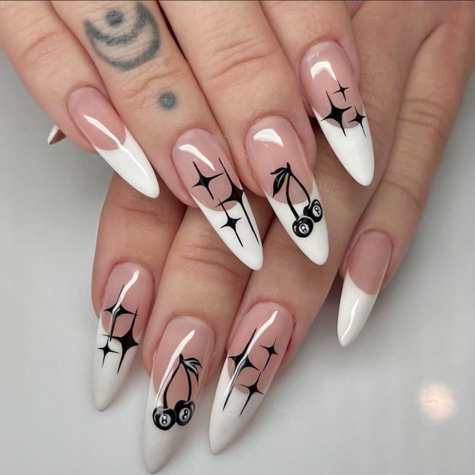 Chic Cherry Vibes Long Almond Glossy White Press On Nail Set with Unique Black Star and Cherry Design