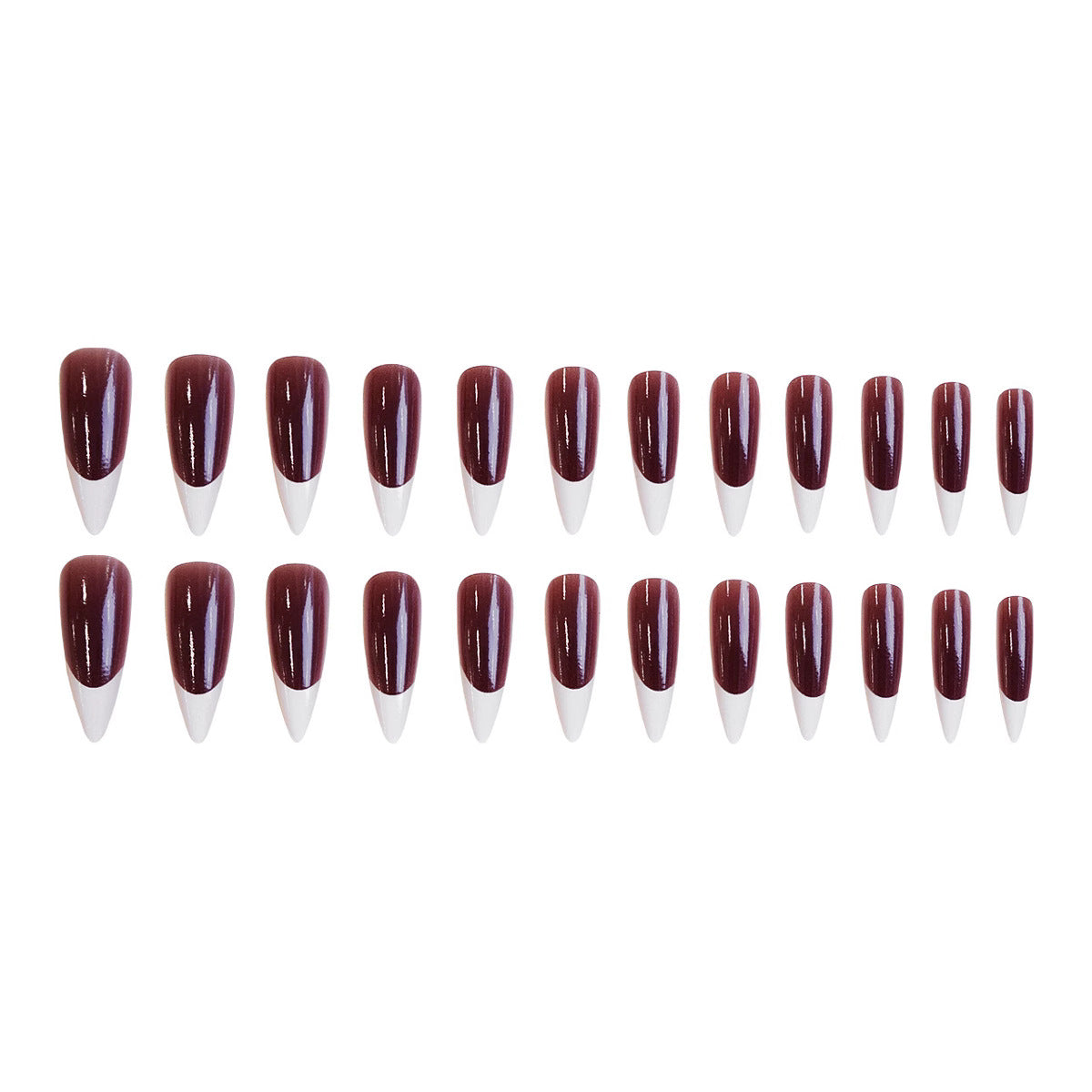 Mystical Elegance Long Almond Burgundy Nails with Chic White Tips for a Glamorous Look