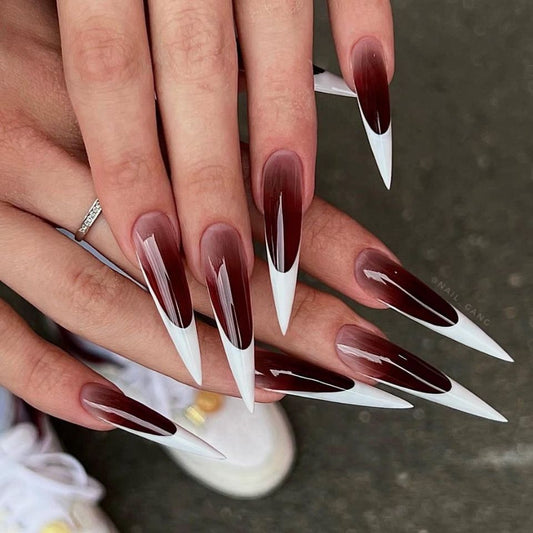 Gothic Elegance Long Stiletto Almond Shaped Ombre Brown and White Press on Nail Set with Glossy Finish