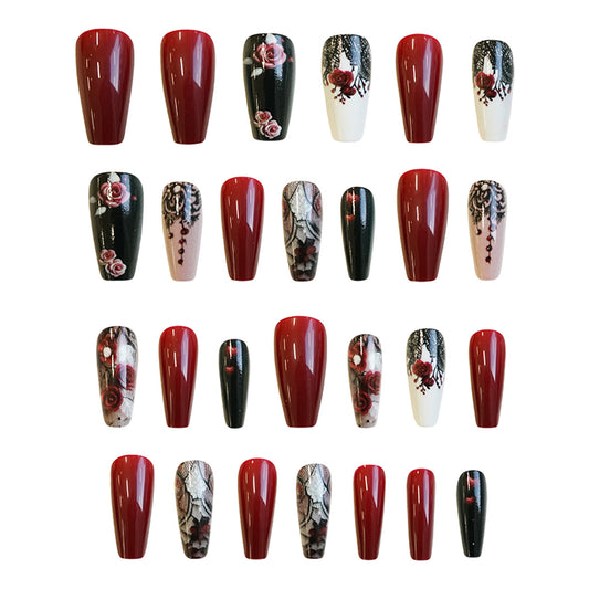 Romantic Floral Elegance Long Coffin Burgundy and Black Nail Set with Intricate Rose Designs