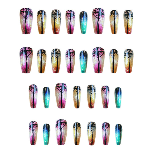 Cosmic Chic Medium Coffin Shaped Gradient Glitter Colorful Press On Nail Set with Unique Starlight Design