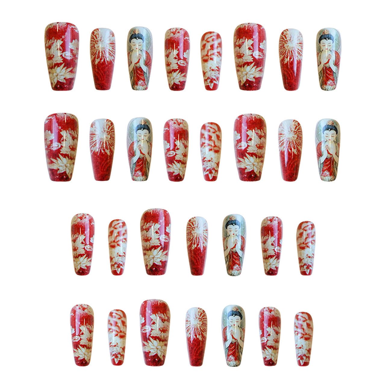 Zen Essence Medium Coffin Red Nail Set with Intricate Buddha Design