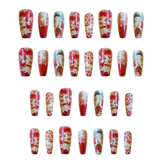 Zen Essence Medium Coffin Red Nail Set with Intricate Buddha Design