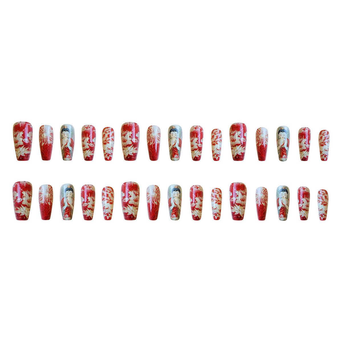 Zen Garden Inspired Medium Coffin Red and Blue Press on Nail Set with Intricate Art Design