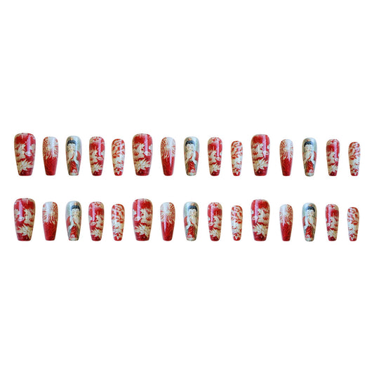 Zen Garden Inspired Medium Coffin Red and Blue Press on Nail Set with Intricate Art Design