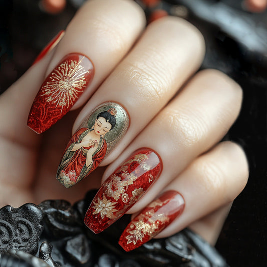 Elegant Serenity Medium Coffin Red with Intricate Gold Floral Designs Nail Set