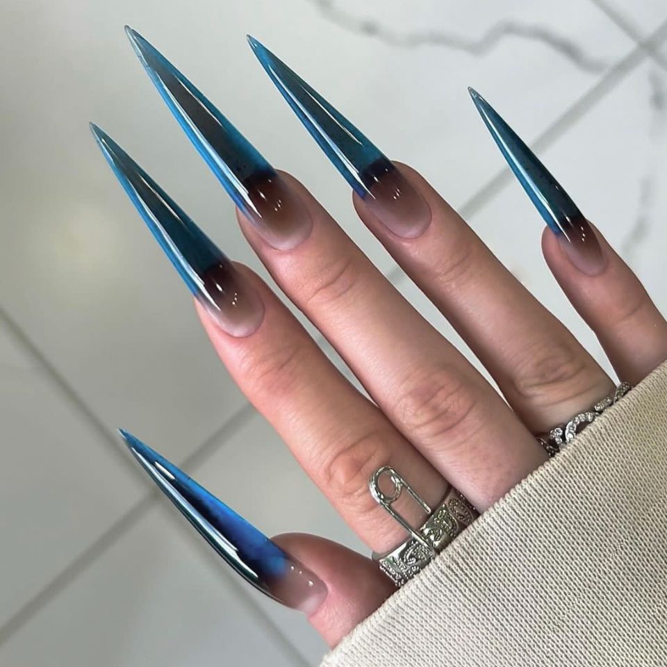 Oceanic Glamour Long Stiletto Shape Gradient Blue and Brown Ombre Press-On Nail Set