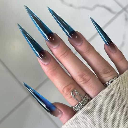 Oceanic Glamour Long Stiletto Shape Gradient Blue and Brown Ombre Press-On Nail Set