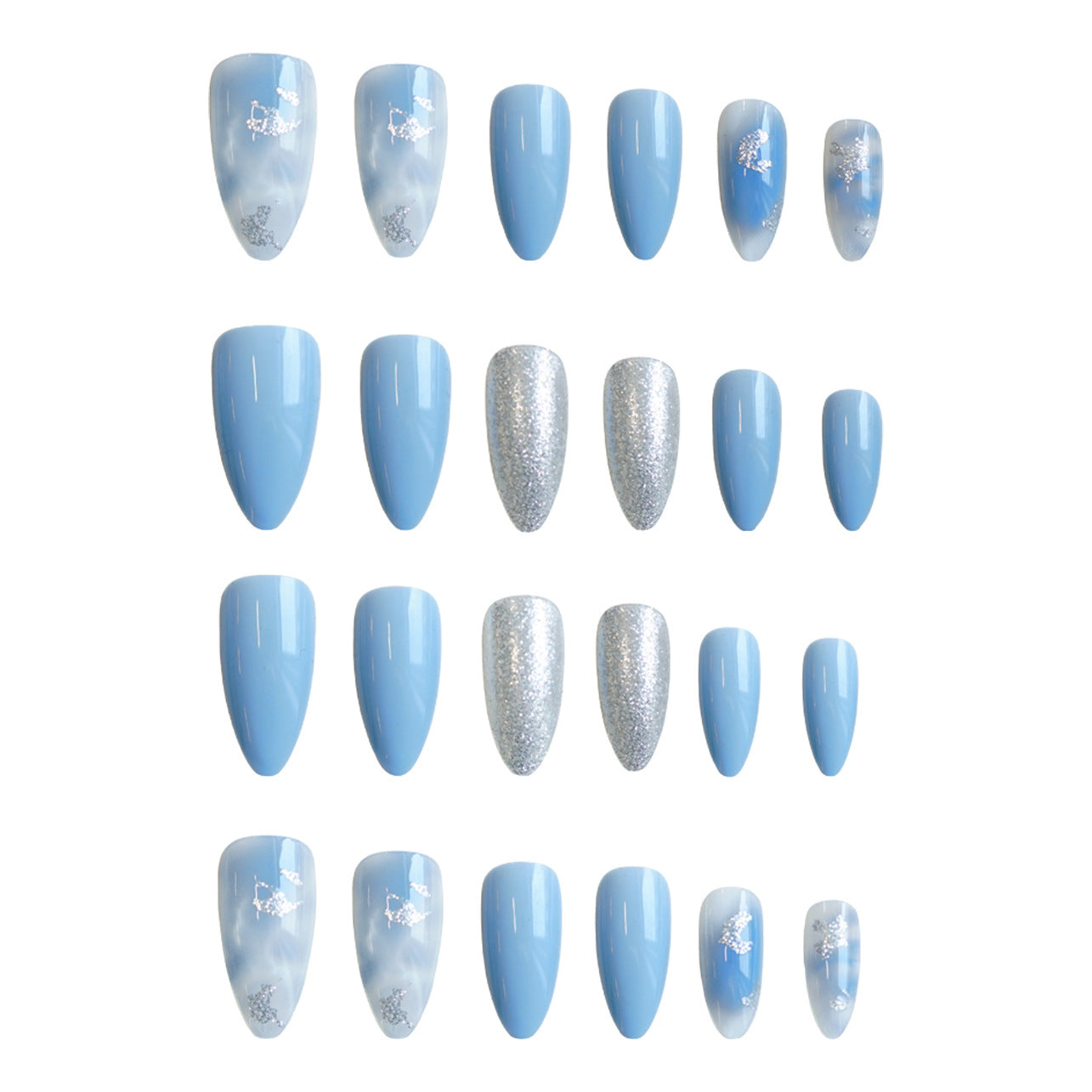 A collection of false nails arranged in a pattern, featuring a soft blue gradient with shimmering accents.