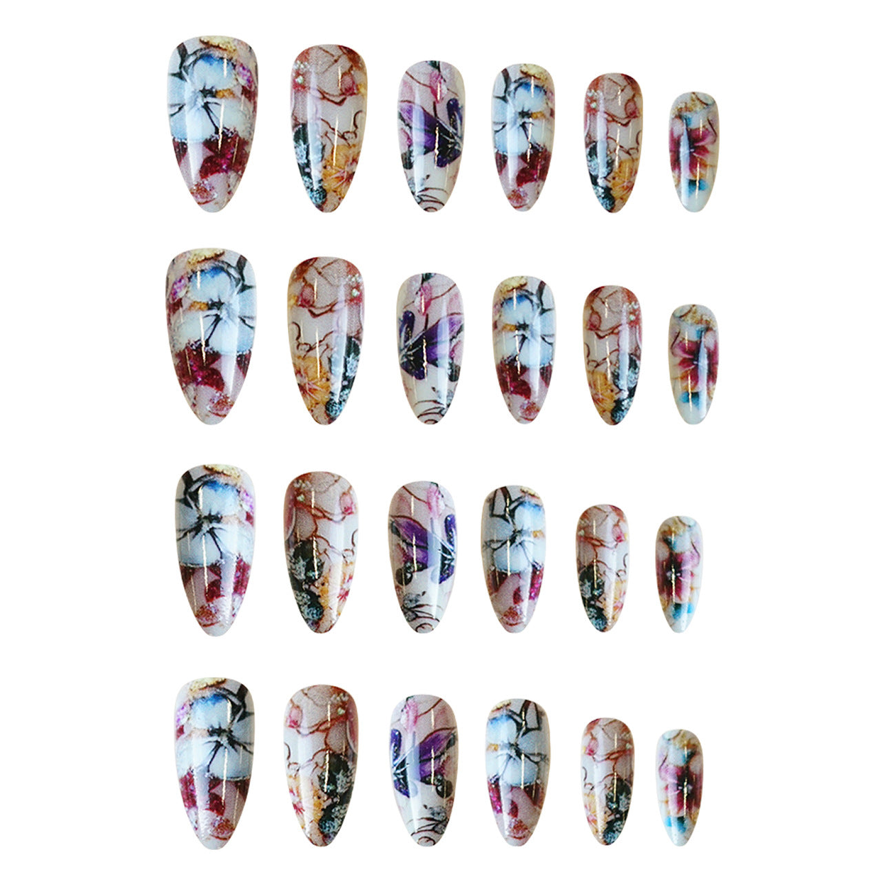Whimsical Elegance Short Almond Multicolor Floral Design Press-On Nail Set with Glitter Accents