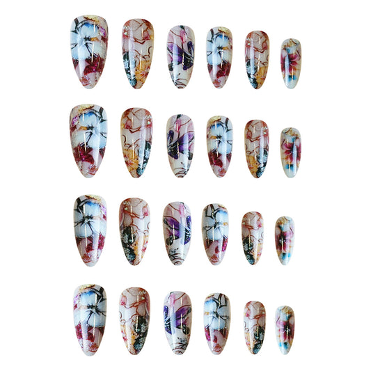 Whimsical Elegance Short Almond Multicolor Floral Design Press-On Nail Set with Glitter Accents