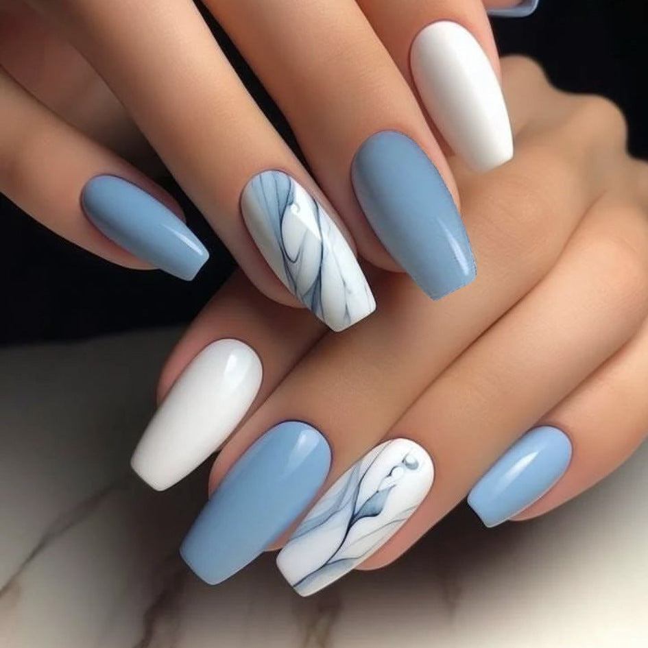 Serene Ocean Vibes Long Coffin Shaped Light Blue Marble Press On Nail Set with Glossy Finish