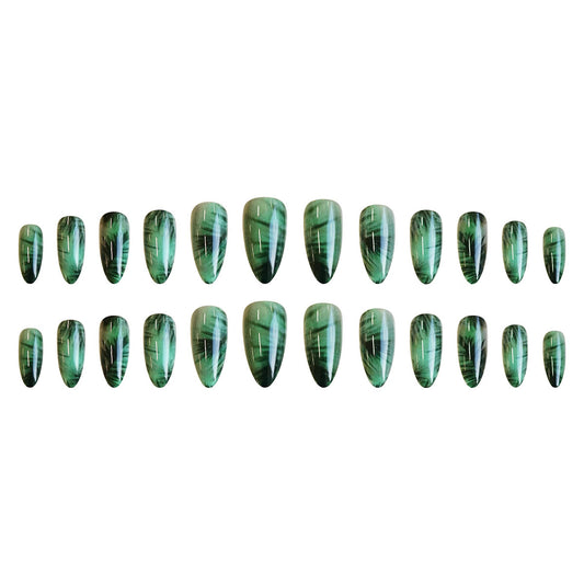 Mystical Forest Dream Short Almond Green Ombre with Striking Leaf Patterns Press-on Nail Set