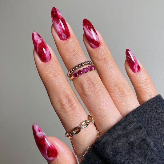 Glamorous Berry Twist Short Almond Red Nail Set with Stunning Marbled Design