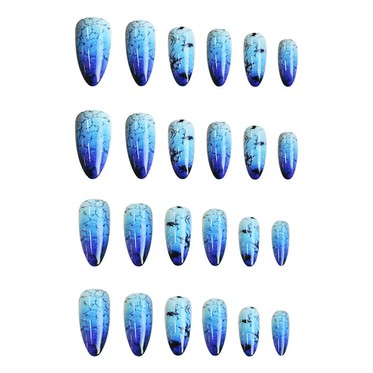 Mystical Ocean Vibes Short Almond Blue Ombre Press On Nail Set with Unique Crackle Design
