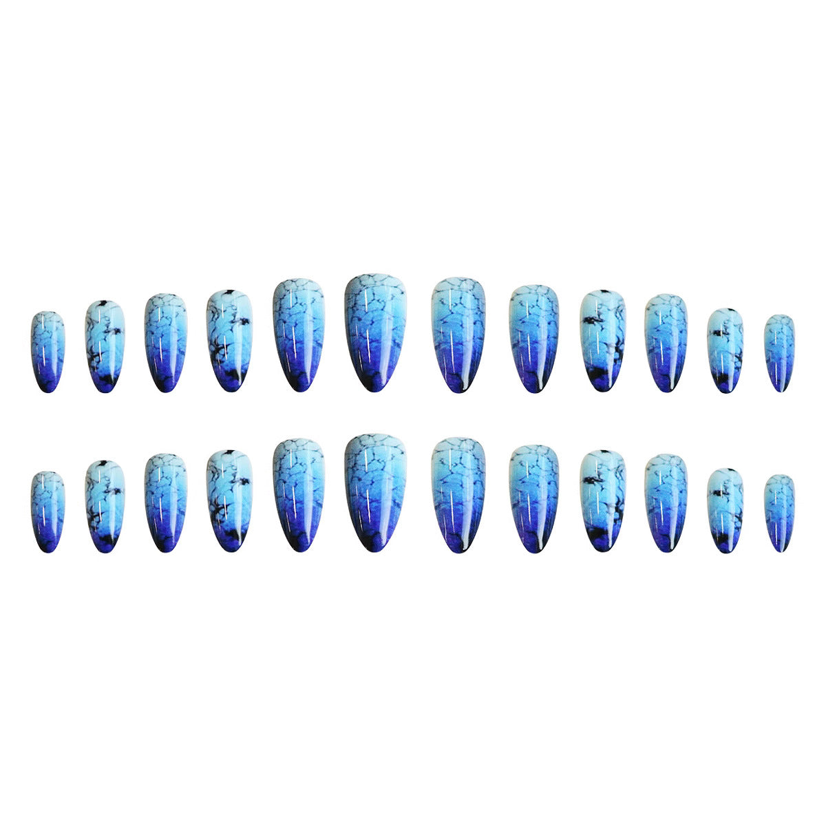 Enchanted Ocean Dream Short Almond Blue Ombre Nail Set with Unique Cracked Design