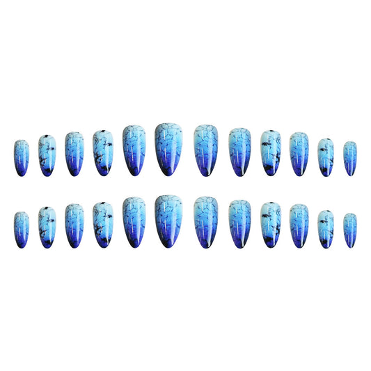 Enchanted Ocean Dream Short Almond Blue Ombre Nail Set with Unique Cracked Design
