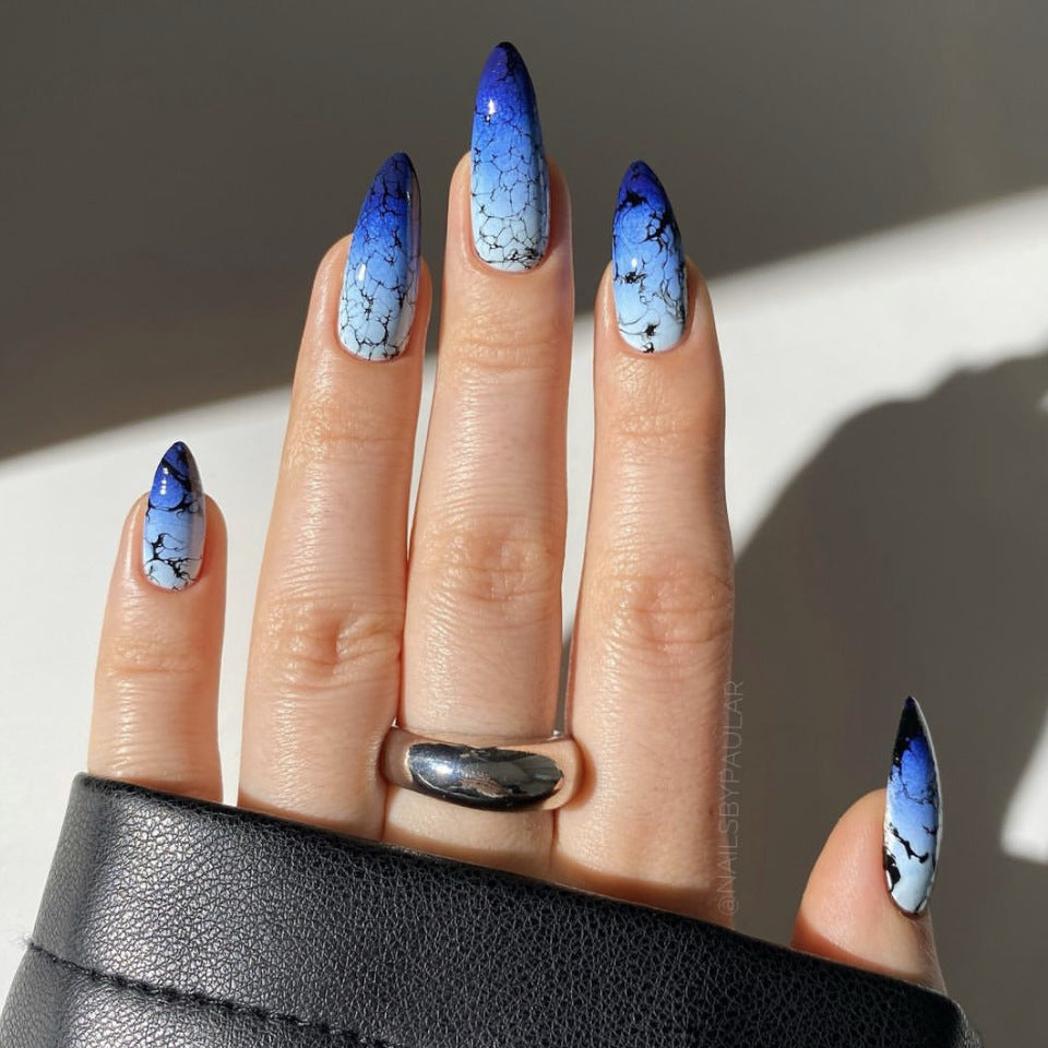Oceanic Dream Medium Almond Gradient Blue and Black Cracked Design Press on Nail Set