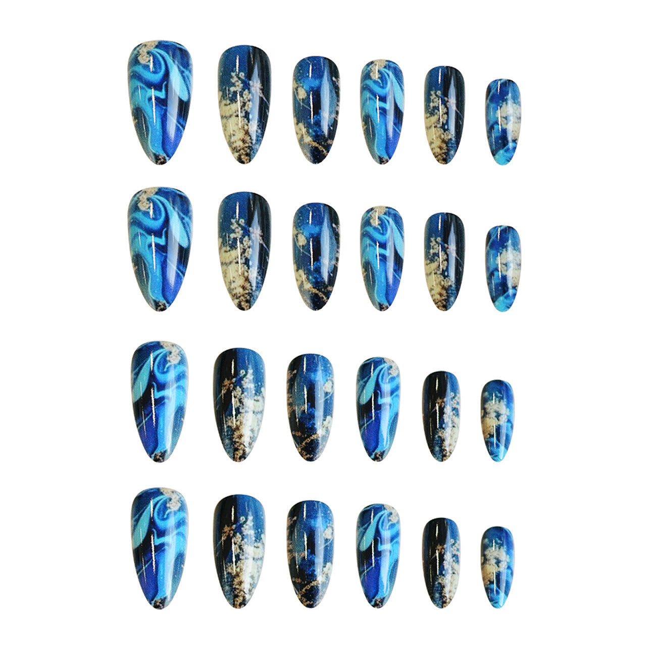 Celestial Dreams Medium Almond Shape Deep Blue with Swirling Galaxy Design Press On Nail Set