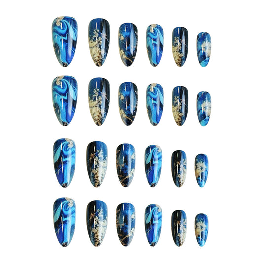 Celestial Dreams Medium Almond Shape Deep Blue with Swirling Galaxy Design Press On Nail Set