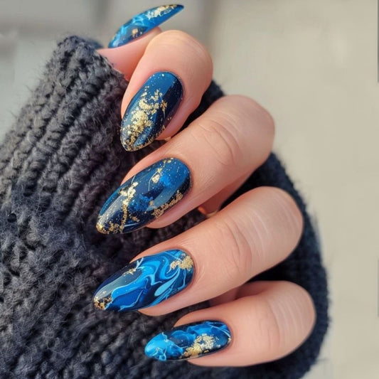 Celestial Dreams Medium Almond Blue Gradient with Gold Flakes Press On Nail Set