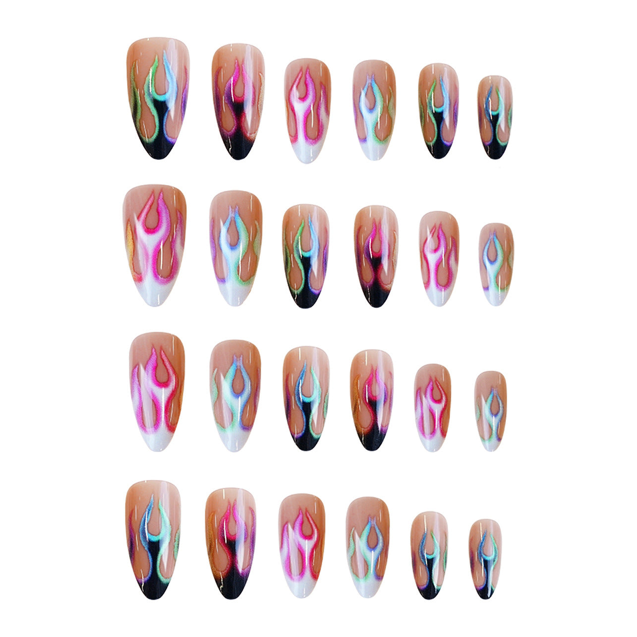 Fiery Elegance Short Almond Gradient Flame Design Press-On Nail Set with Vibrant Colors